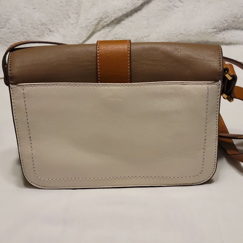 Fossil Medium Leather White Tan Beige Shoulder Crossbody Purse Bag - Picture 3 of 14